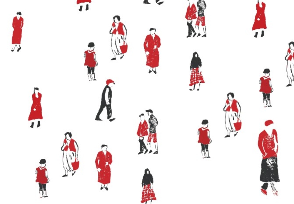 איור של מיכל אריאלי - אנשים לבושים באדום
