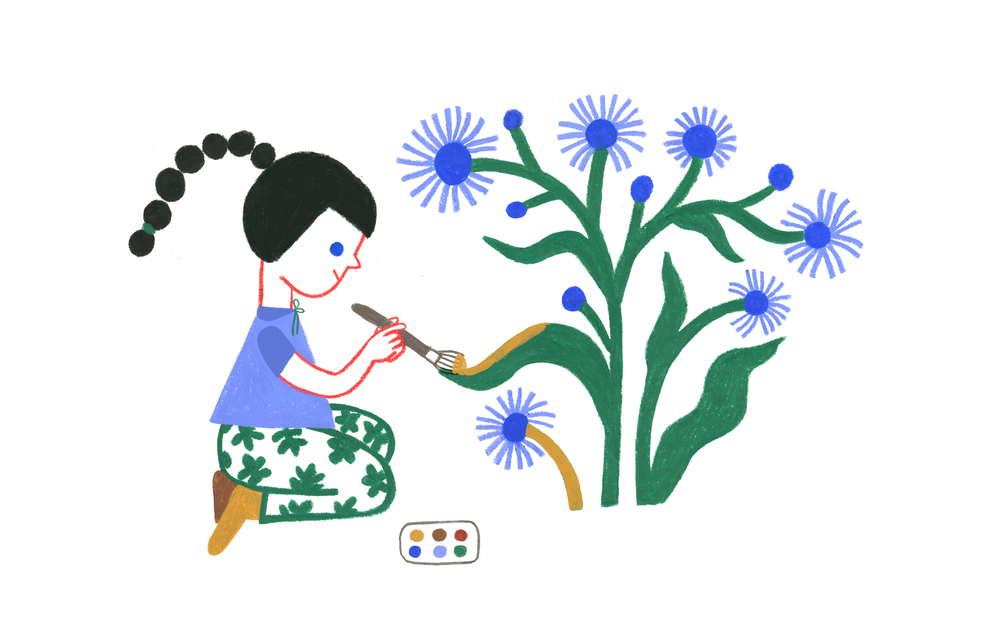 איור ילדה מציירת פרחים